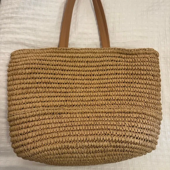 Tory Burch Tan Woven Tote with Yellow Pineapple Charm - Picture 4 of 6